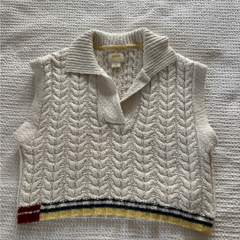Anthropologie Cream Cable Knit Cropped Sweater Vest - Small Petite